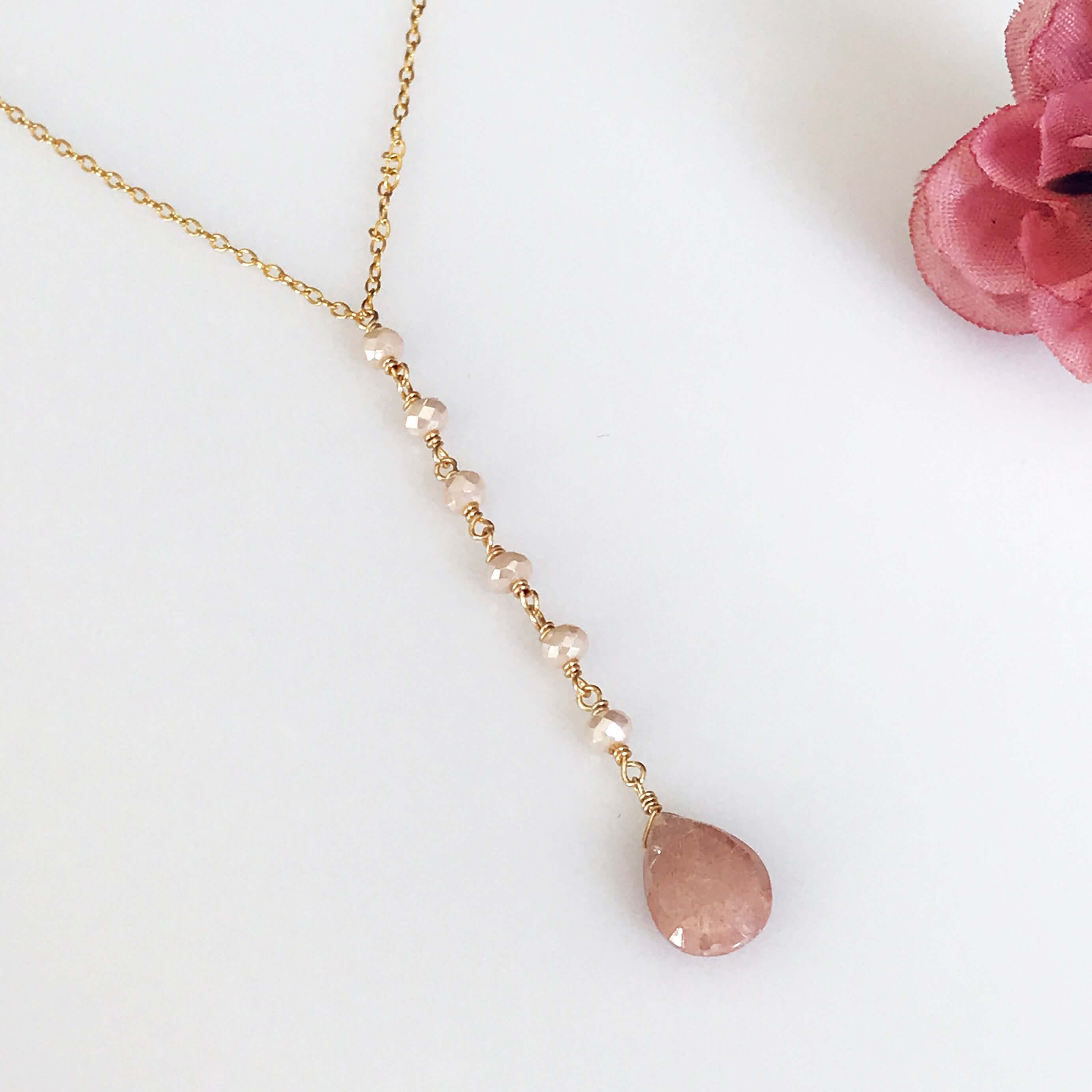 Gold Plated Necklace with Peach Moonstone