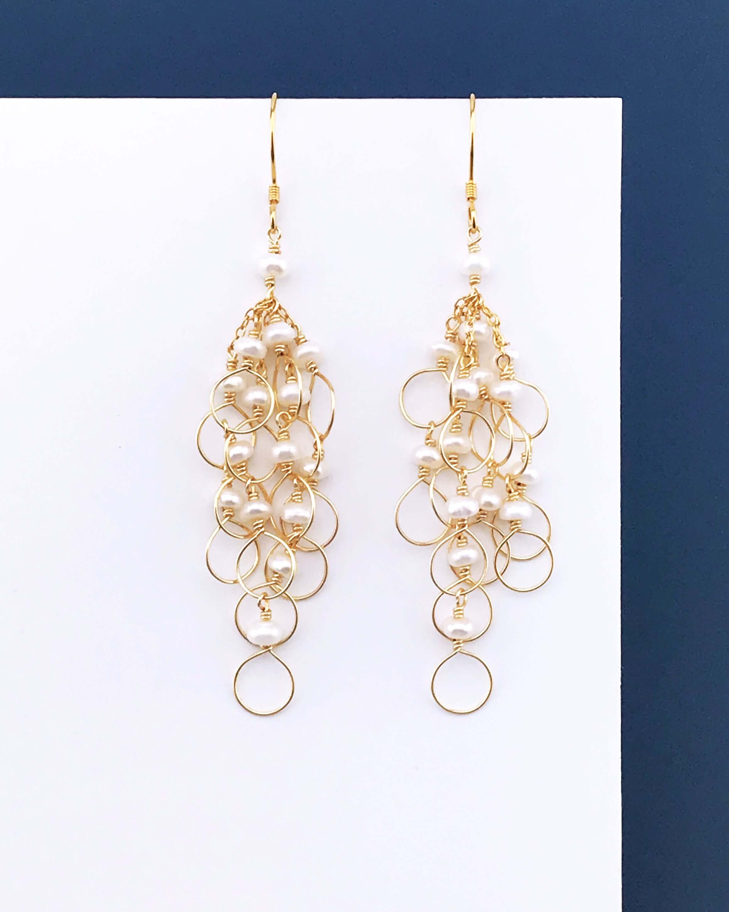 Handmade Freshwater Pearls Gold Chain Loop Earrings