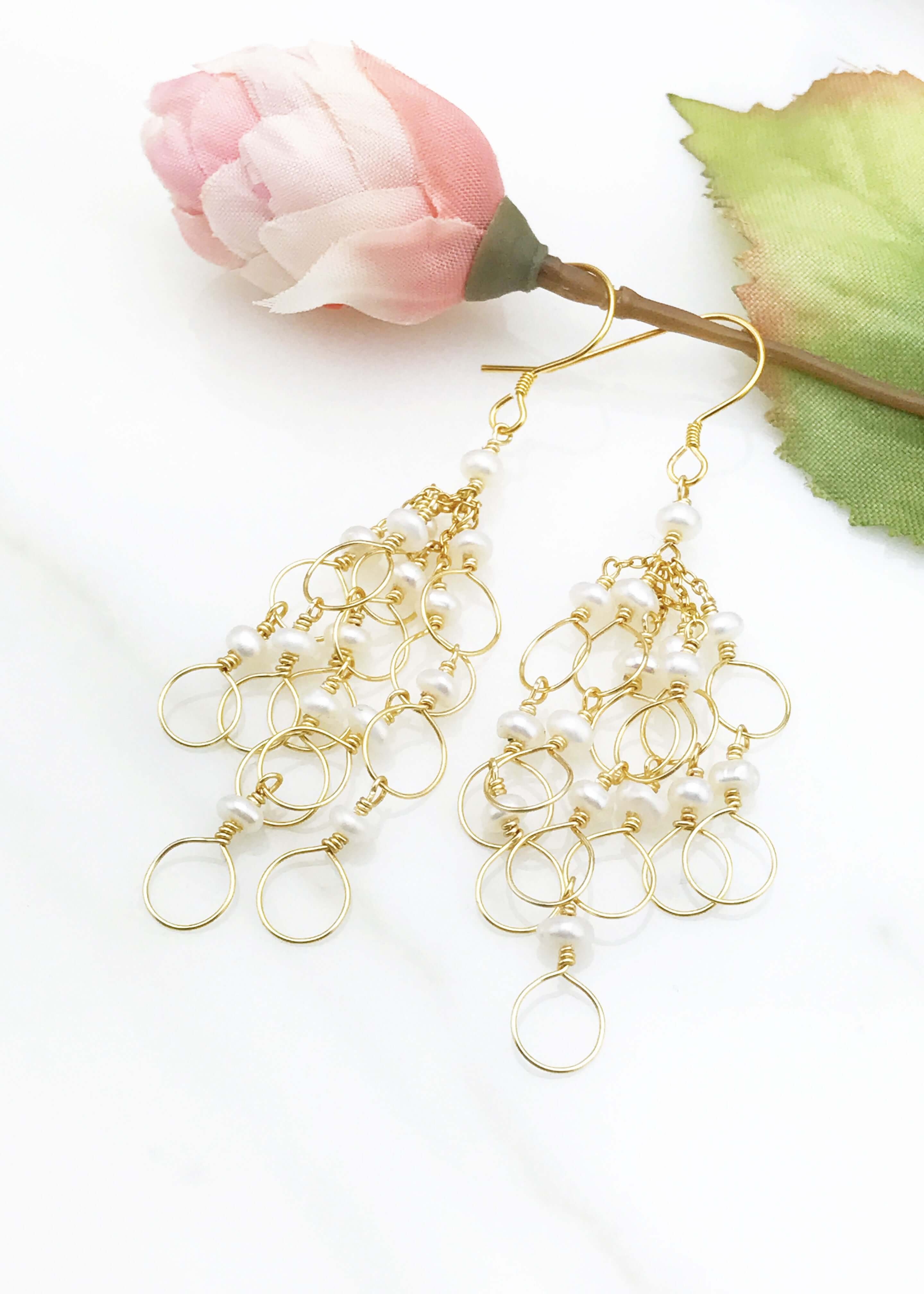 Handmade Freshwater Pearls Gold Chain Loop Earrings