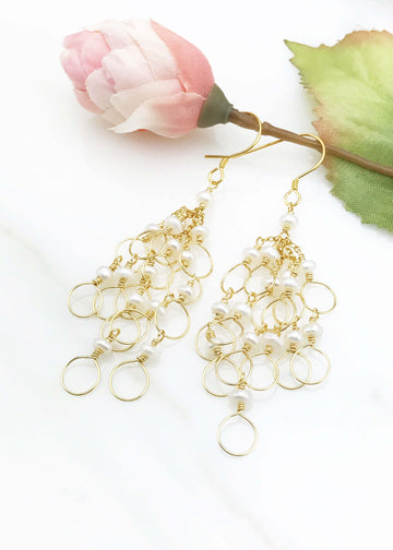 Handmade Freshwater Pearls Gold Chain Loop Earrings