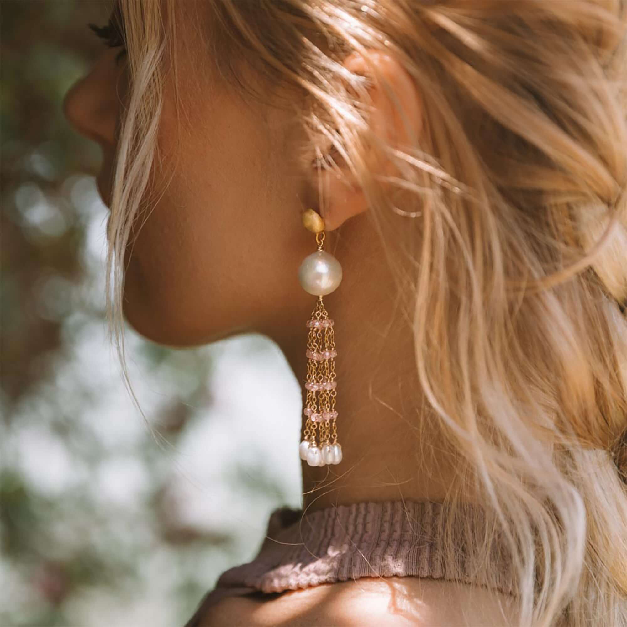 Freshwater baroque pearls, Rose Quartz and bead pearls Tassel Earrings in Gold plated Italian Silver