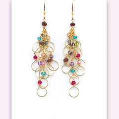 Handmade of  colorful rainbow of gemstones Gold Chain Loop Earrings