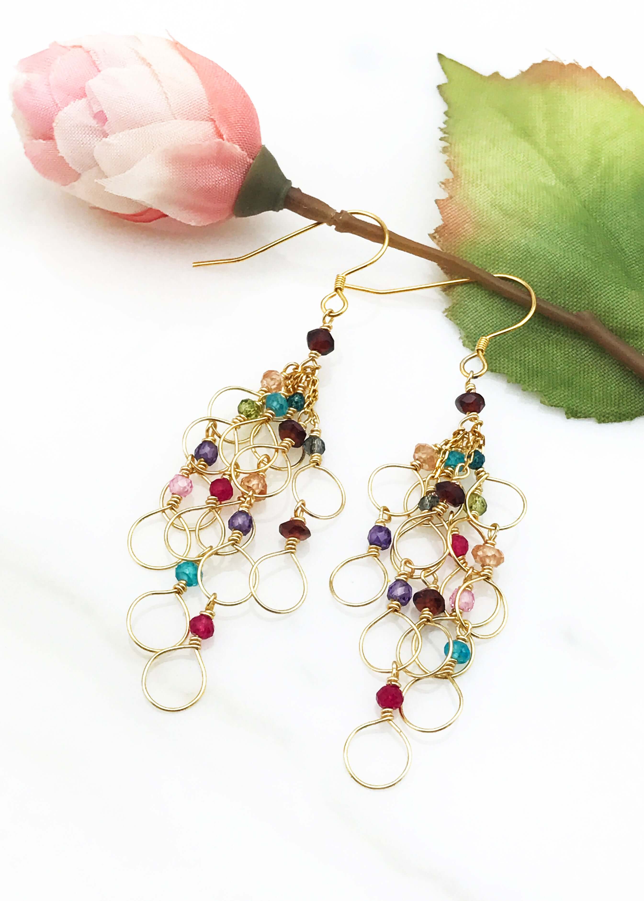 Handmade of  colorful rainbow of gemstones Gold Chain Loop Earrings