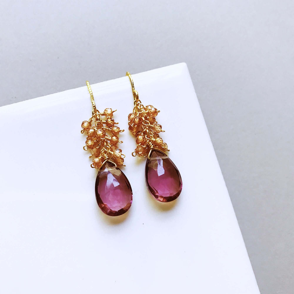  Long drop Gold  earrings with Rhodolite Garnet  bezel