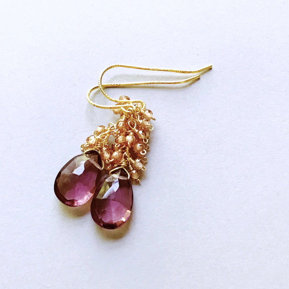  Long drop Gold  earrings with Rhodolite Garnet  bezel