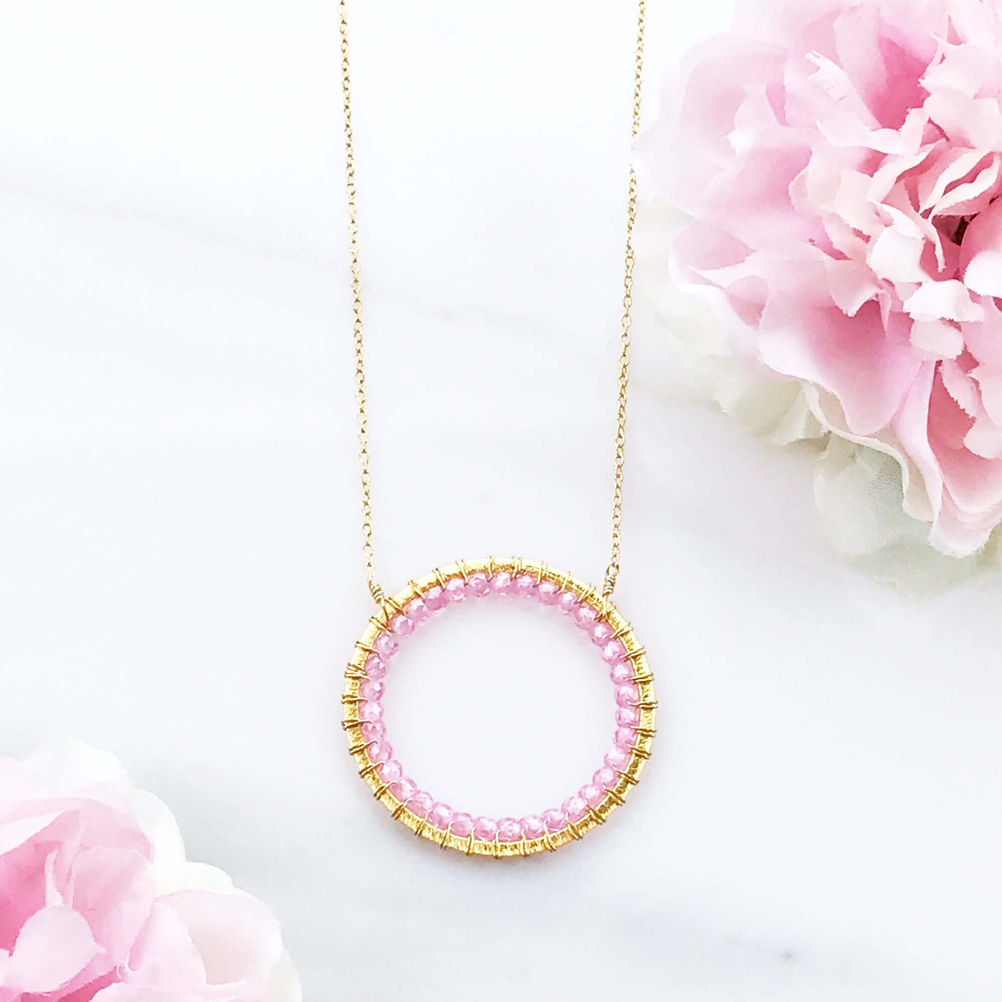 Elegant Modern Circle Rose Quartz Gold Necklace