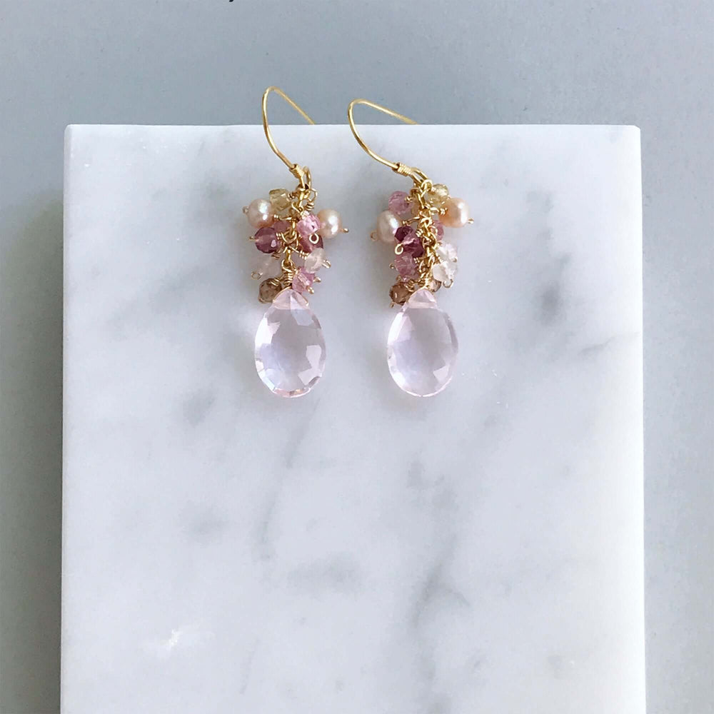 Rose Pink Clear Quartz Gemstone with mini stones  Accents   Gold Drop Earrings