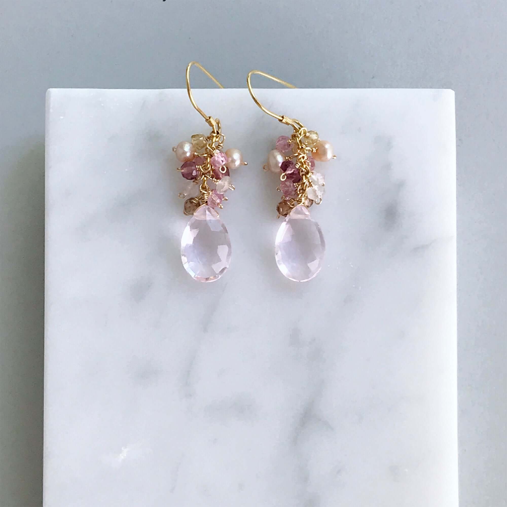 Rose Pink Clear Quartz Gemstone with mini stones  Accents   Gold Drop Earrings
