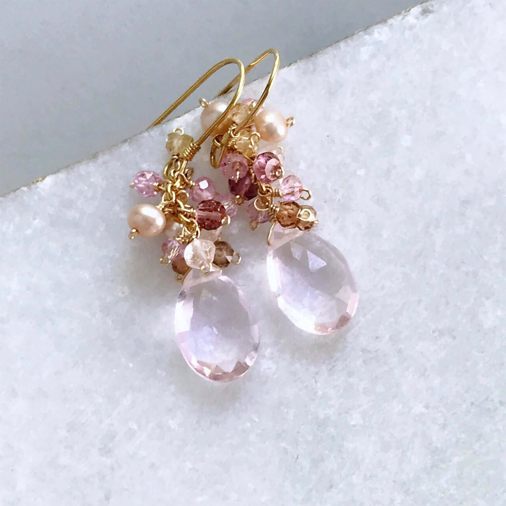 Rose Pink Clear Quartz Gemstone with mini stones  Accents   Gold Drop Earrings