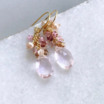 Rose Pink Clear Quartz Gemstone with mini stones  Accents   Gold Drop Earrings
