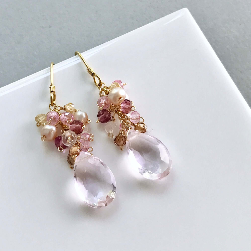 Rose Pink Clear Quartz Gemstone with mini stones  Accents   Gold Drop Earrings