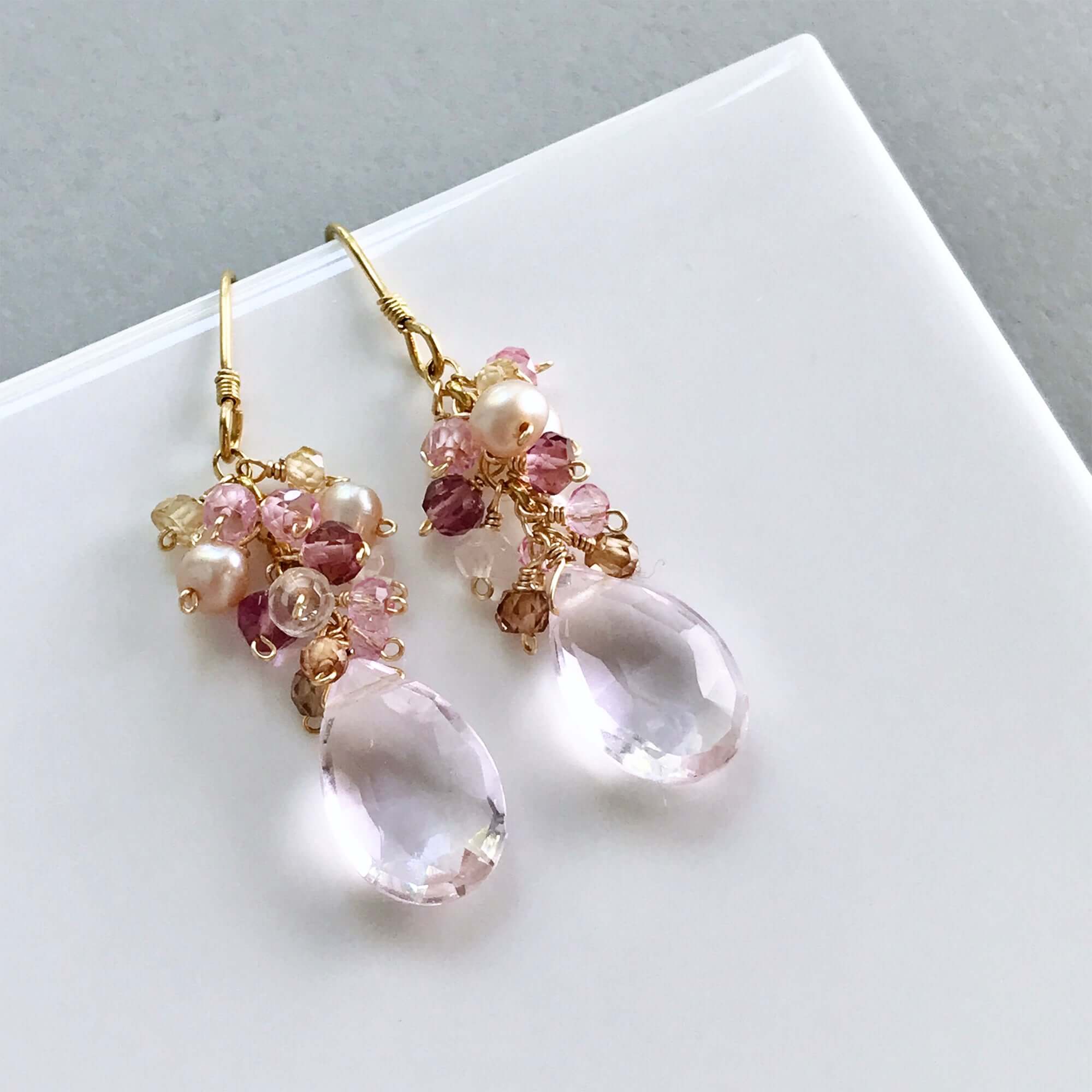 Rose Pink Clear Quartz Gemstone with mini stones  Accents   Gold Drop Earrings