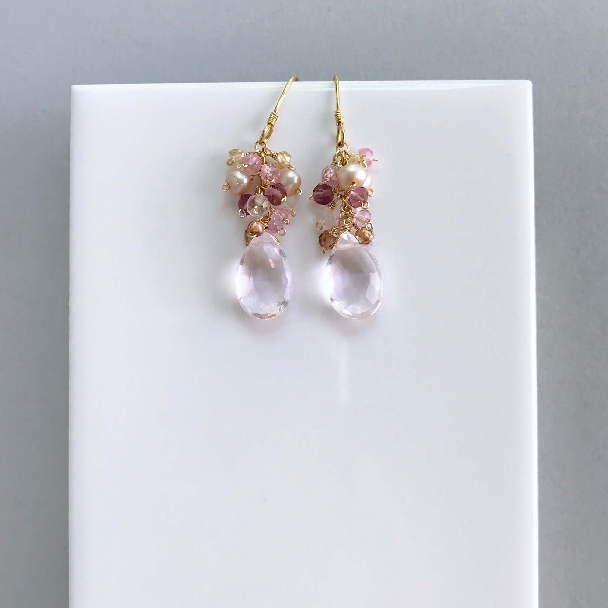 Rose Pink Clear Quartz Gemstone with mini stones  Accents   Gold Drop Earrings