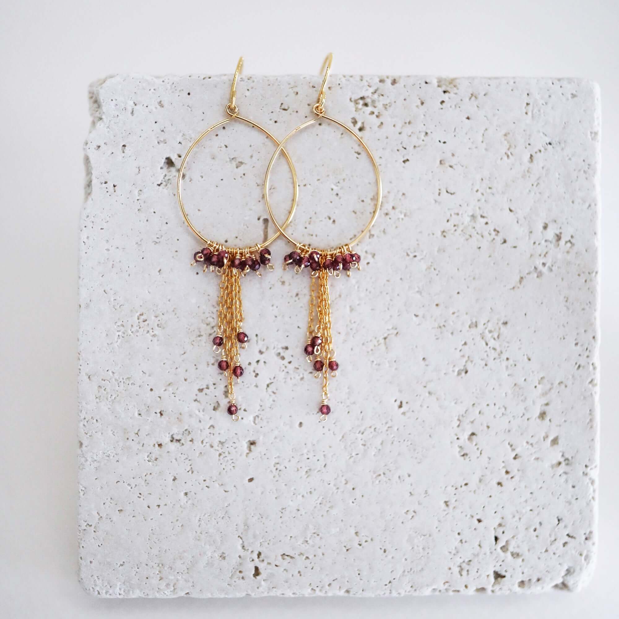 Gold Hoop Earrings with Delicate Chains and Garnet Stones