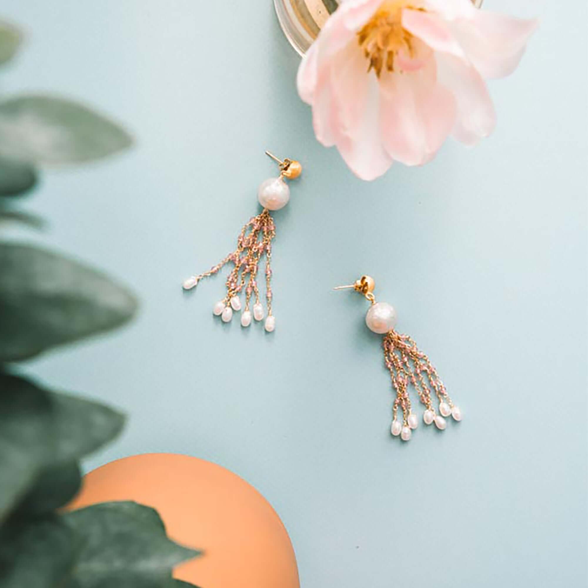 Freshwater baroque pearls, Rose Quartz and bead pearls Tassel Earrings in Gold plated Italian Silver