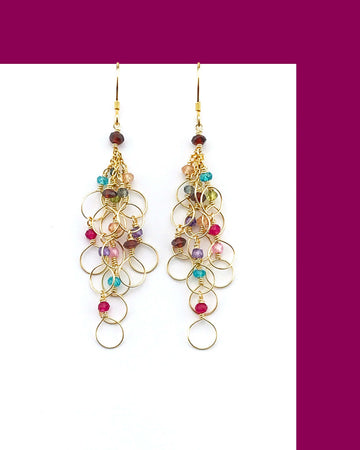 Handmade of  colorful rainbow of gemstones Gold Chain Loop Earrings