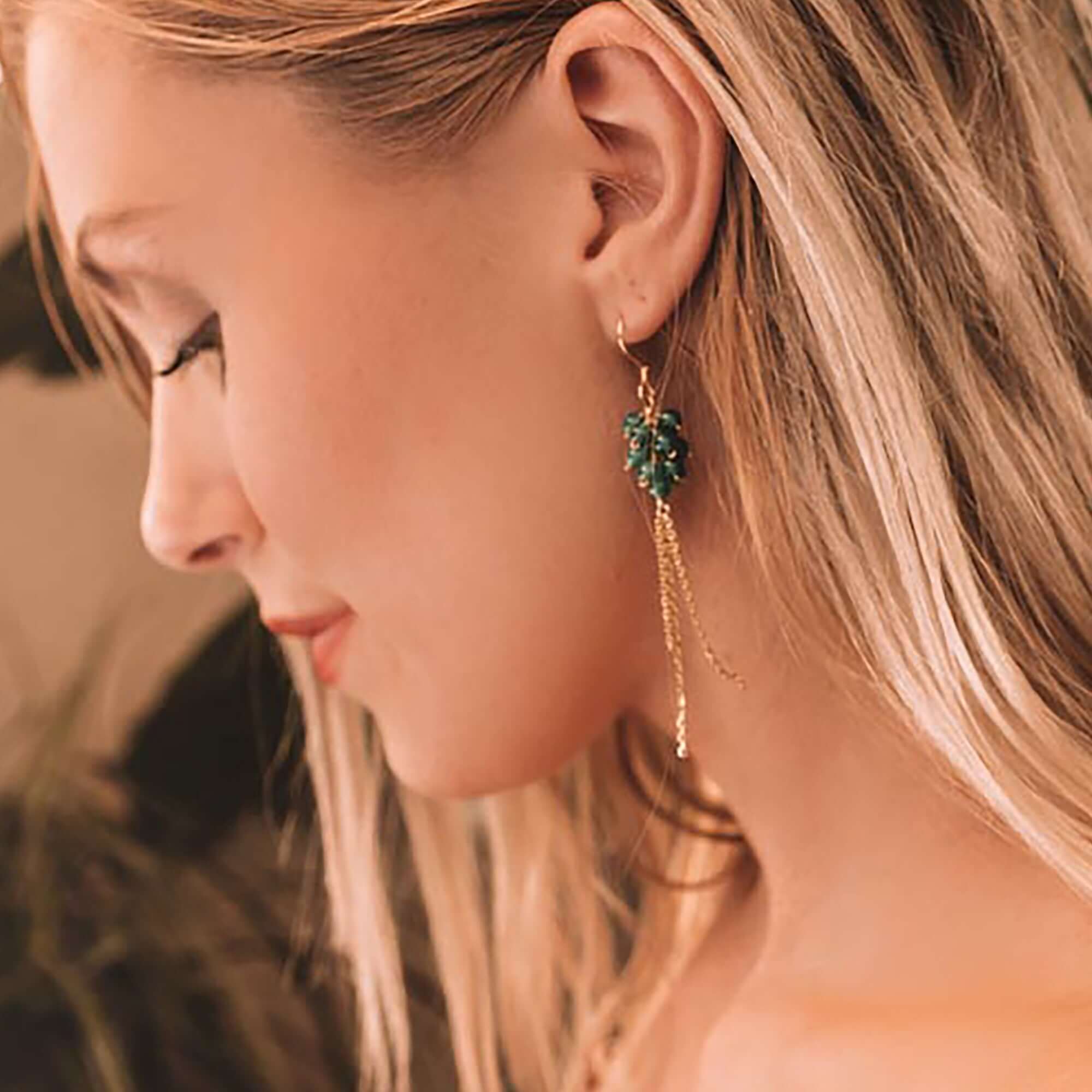 Handmade Gold Earrings with 3-Inch Dangling Green Apatite Gems