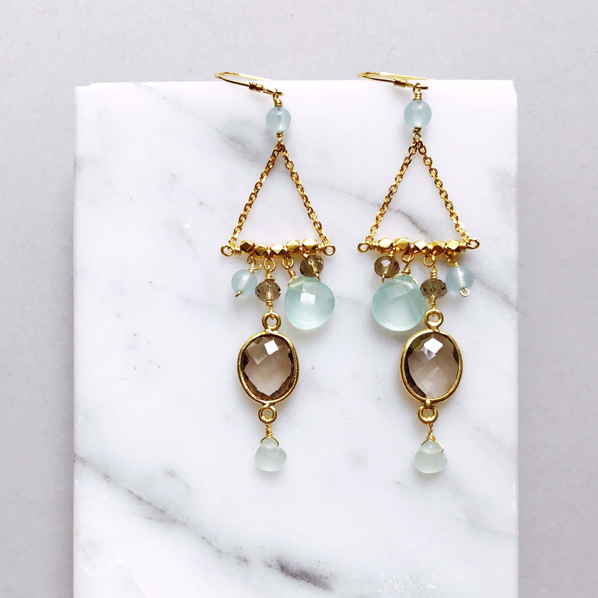 French Hooks, bezel set smoky quartz gemstones surrounded by a variety of faceted aqua chalcedony accent stones Gold pair of Earrings