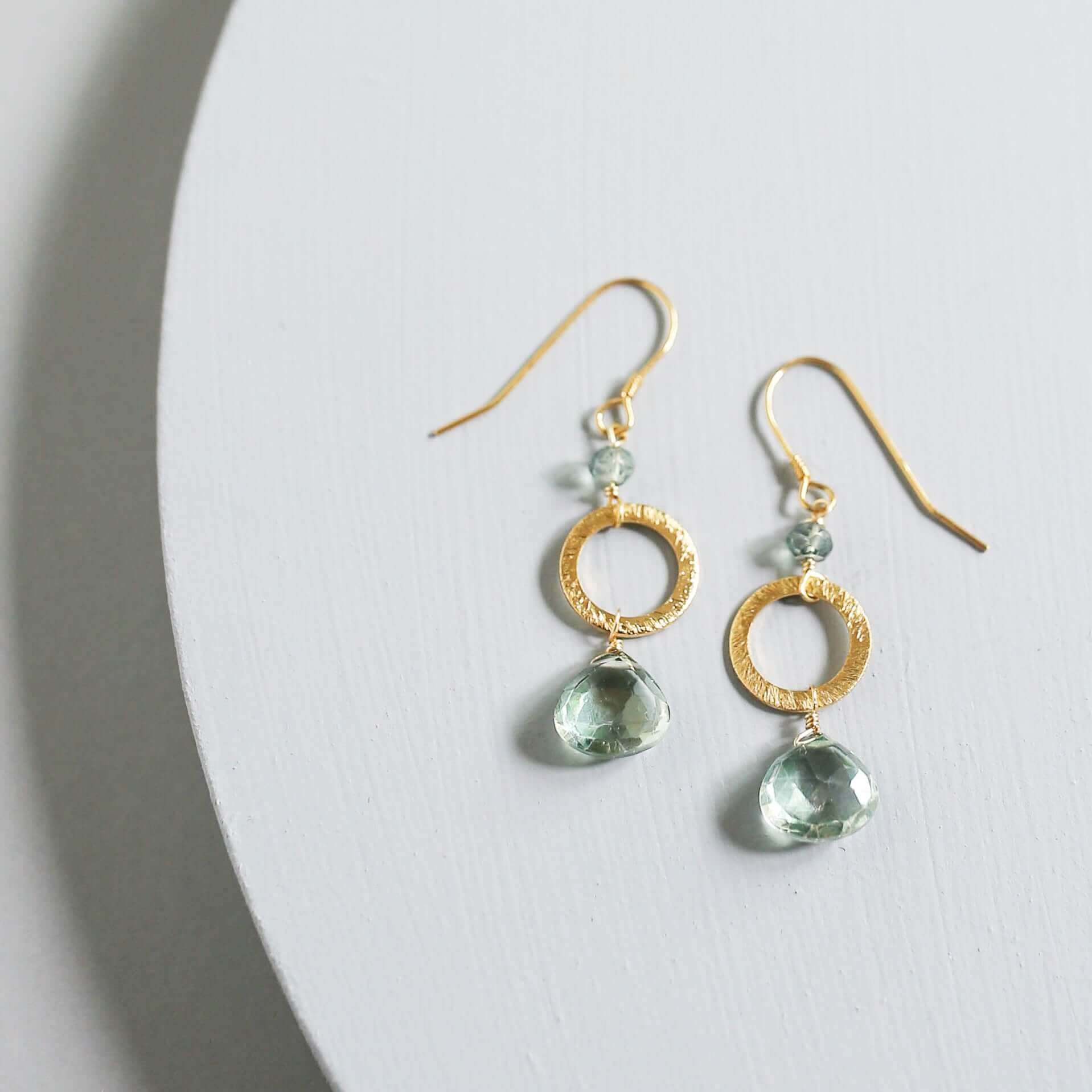 Handmade Gold-Plated Drop Earrings with Green amethyst gemstones