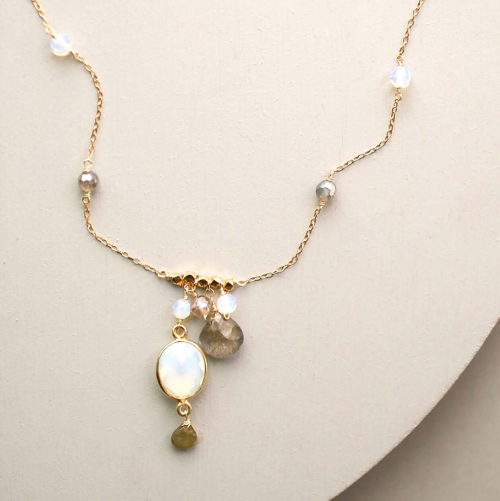 Gold Bezel-set opal quartz gemstone and labradorite accent stones Necklace 