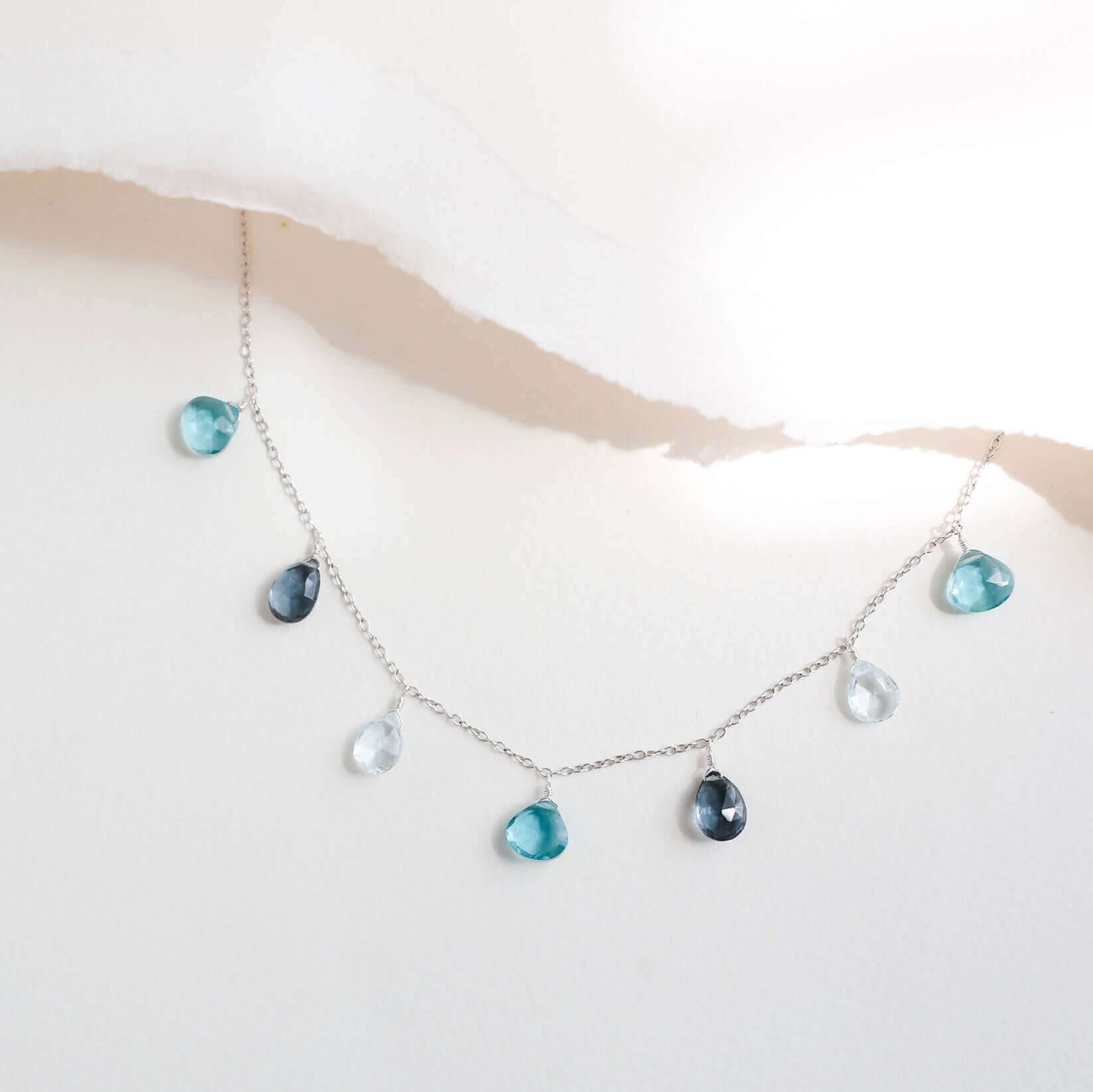 Delicate Aquamarine, Iolite, and Aqua Blue Quartz Silver Necklace