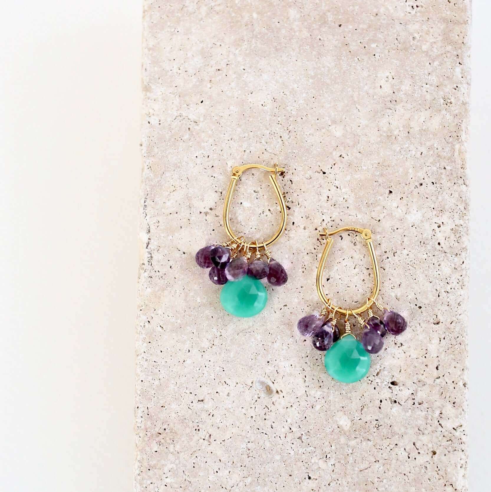 Chrysoprase and Amethyst Earrings - Vibrant Sea Green and Sparkling Purple Hues