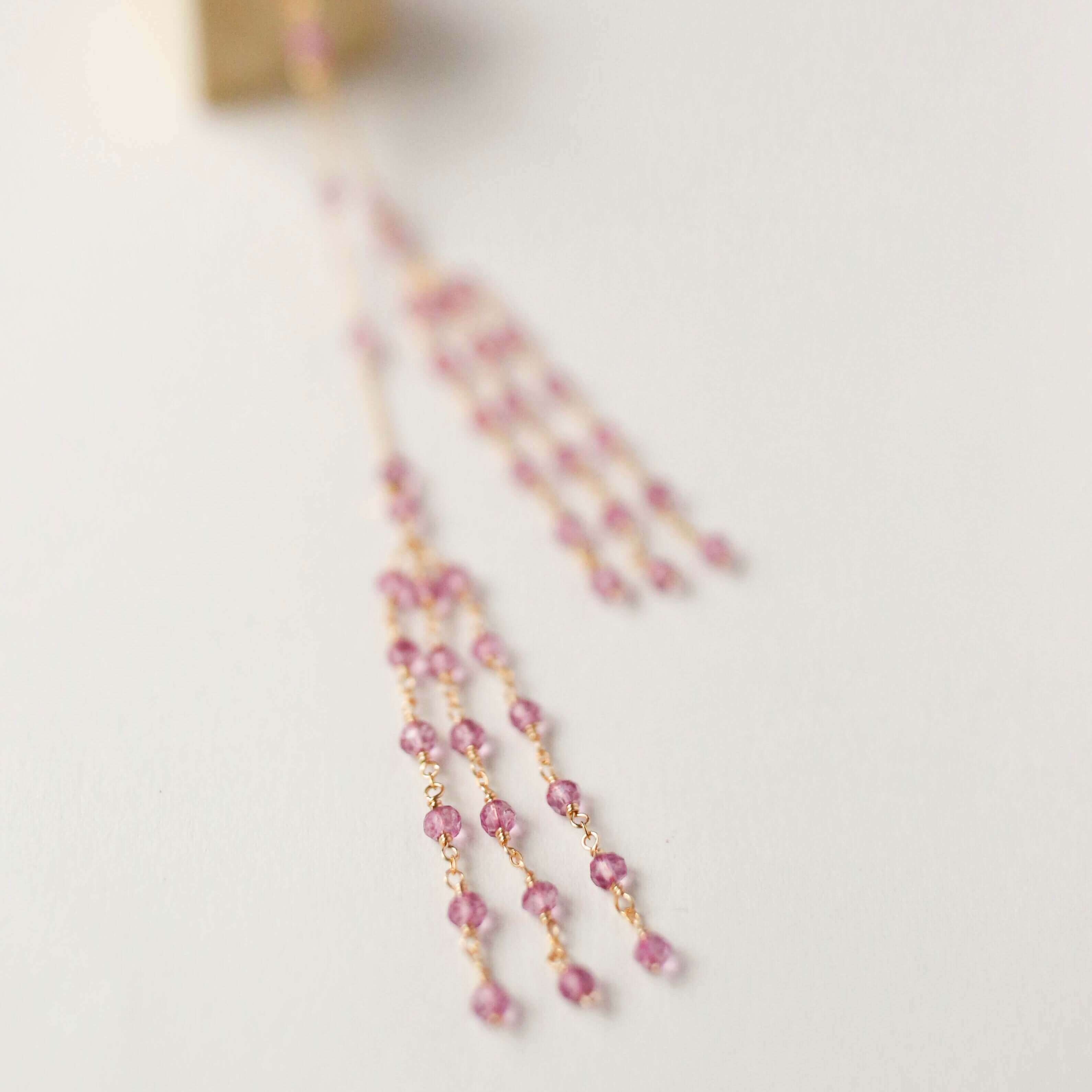 Gold Handmade Lariat Necklace Featuring Pink Tourmaline Gemstones