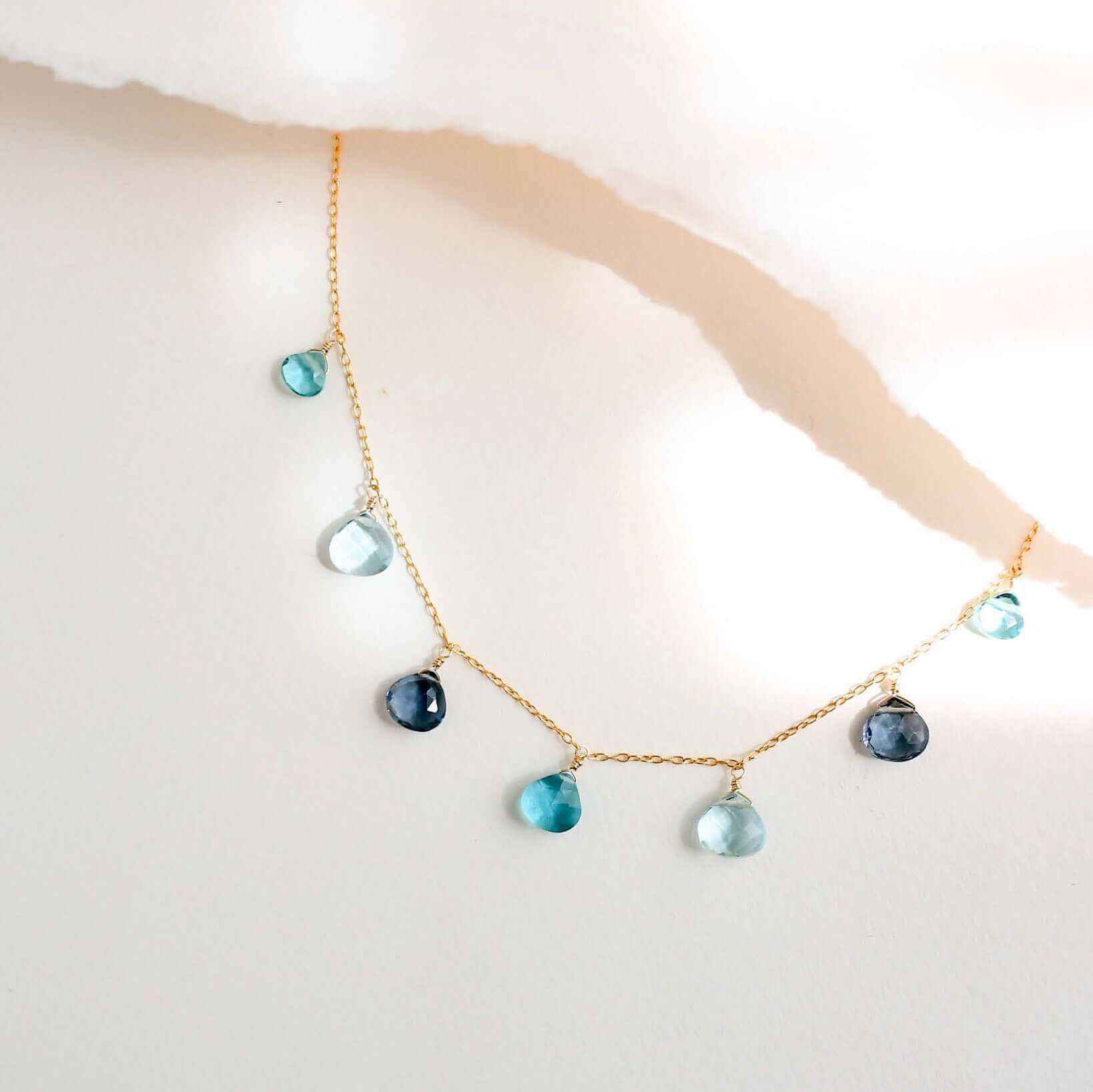 Delicate Aquamarine, Iolite, and Aqua Blue Quartz Gold Necklace