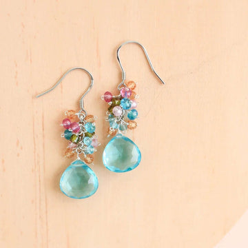 Aqua Blue Quartz  Gemstone with mini stones  Accents   Silver  Drop Earrings