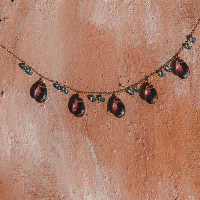 Adjustable Rhodolite Garnet Gemstone with bright blue aquamarine accents  Gold Chain Necklace