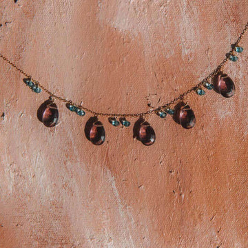 Adjustable Rhodolite Garnet Gemstone with bright blue aquamarine accents  Gold Chain Necklace
