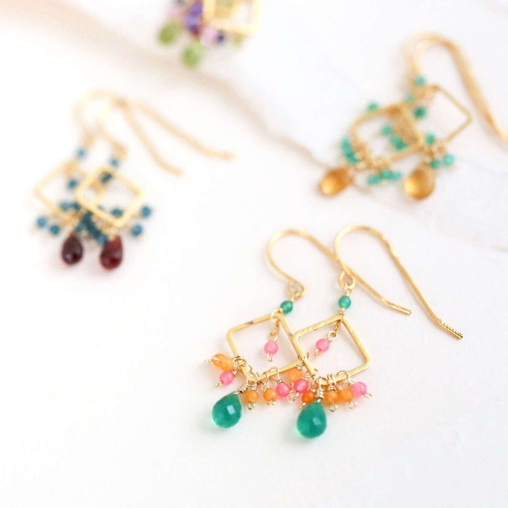 Colorful gemstones French Hook Gold Earrings 