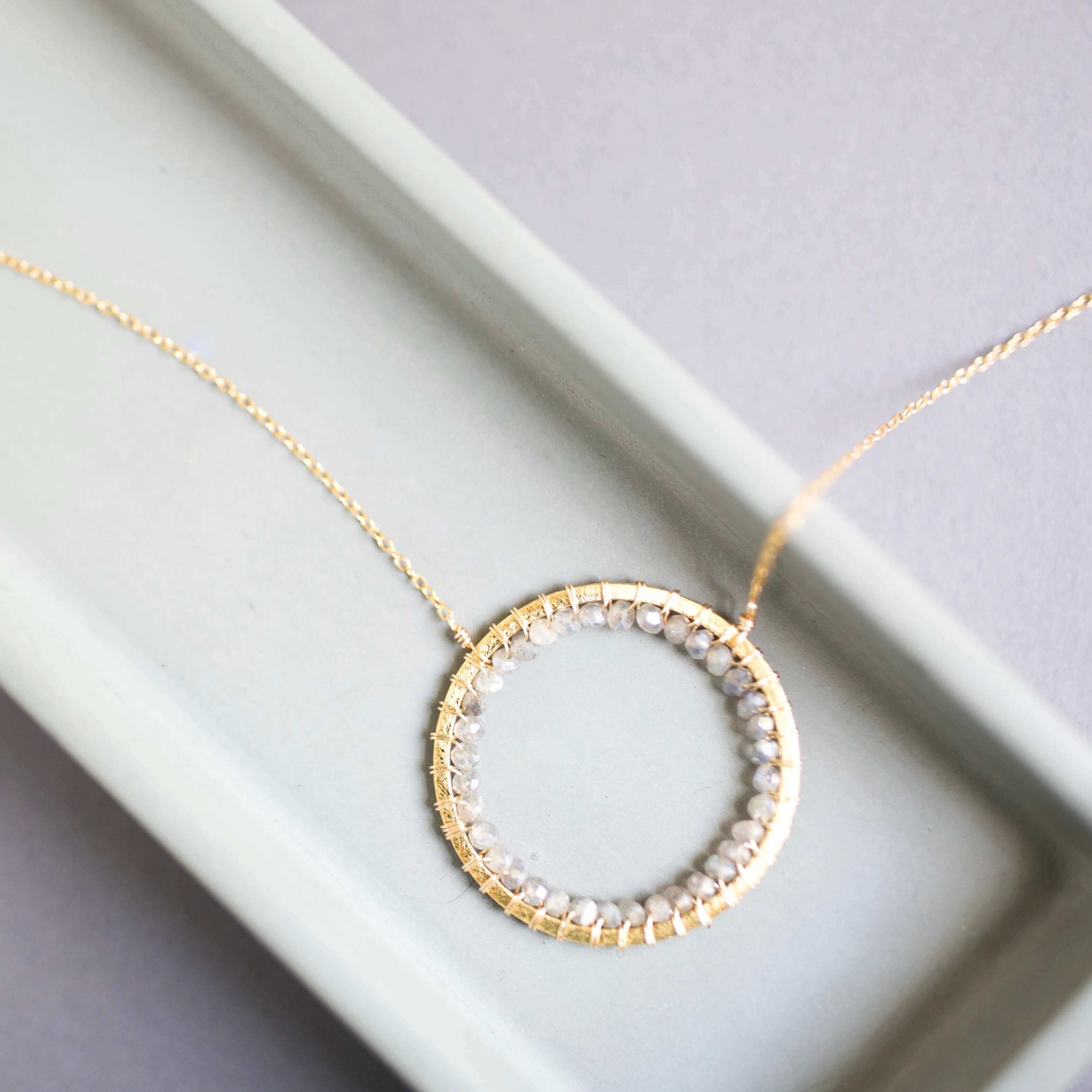  Labradorite Circle Pendant Gold Necklace