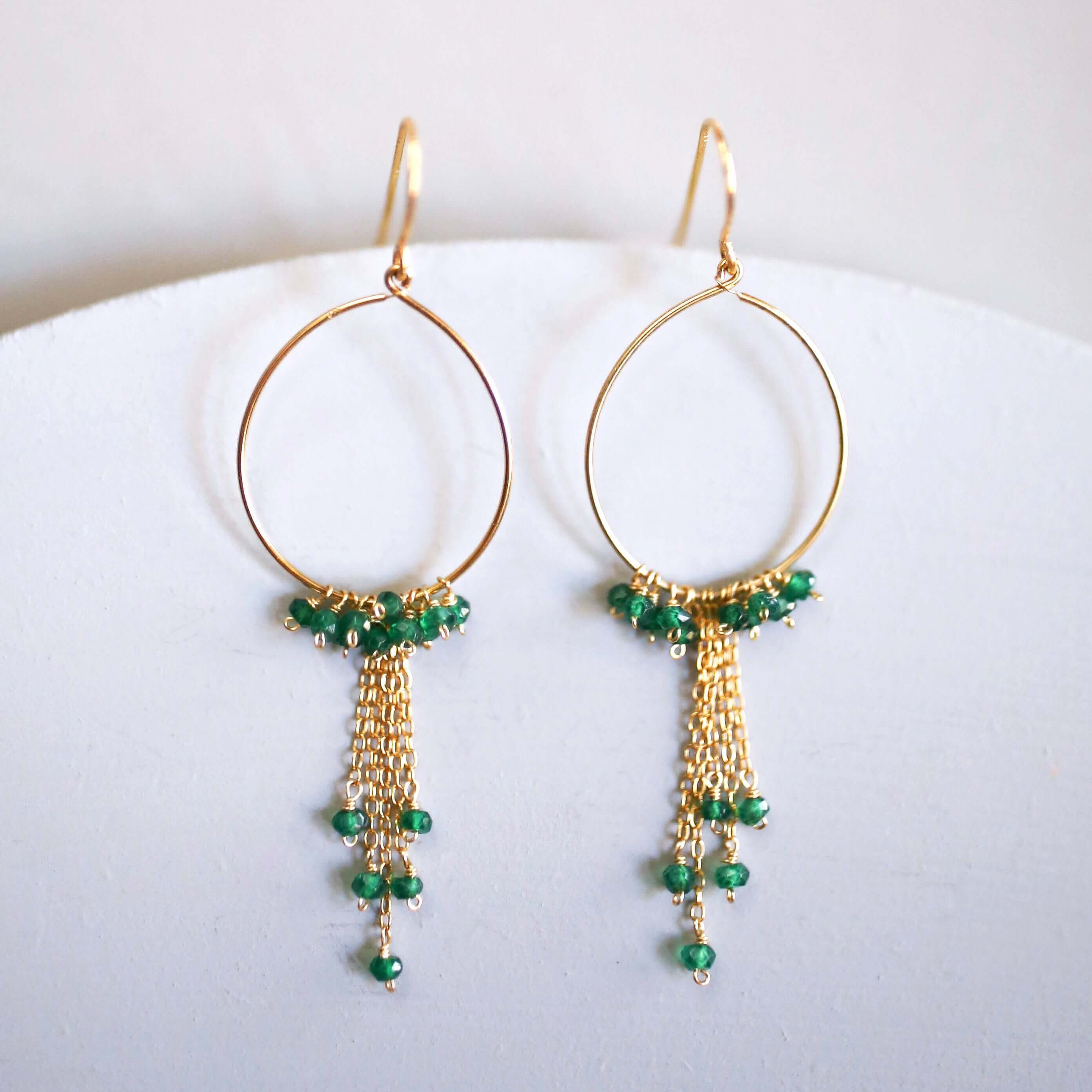 Gold Hoop Earrings with Delicate Chains and Green Apatite Stones