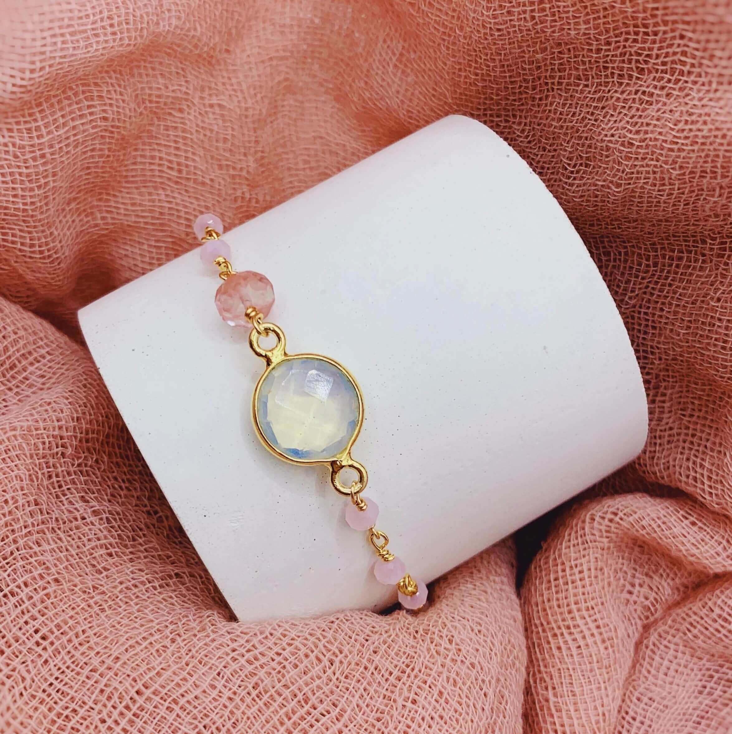 Opal quartz and rose quartz stone Gold plated bracelet with adjustable slider clasp