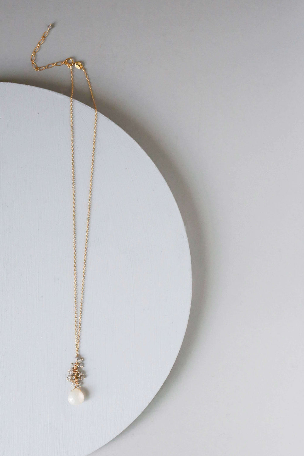White chalcedony drop pendants paired with a cluster of mini labradorite quartz gems Gold Necklace