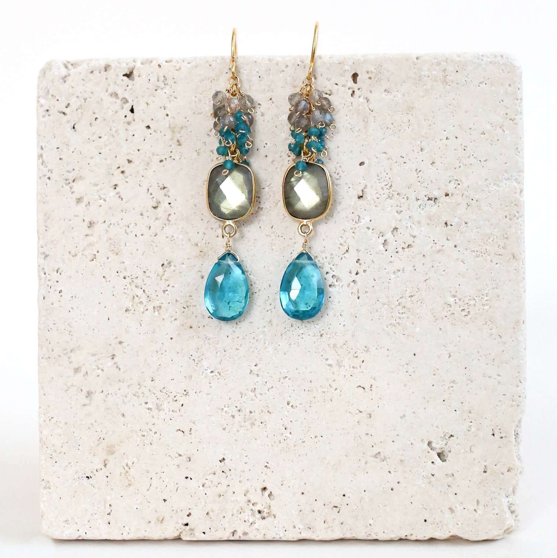 Labradorite Bezel and Neon Blue Quartz Dangle Earrings