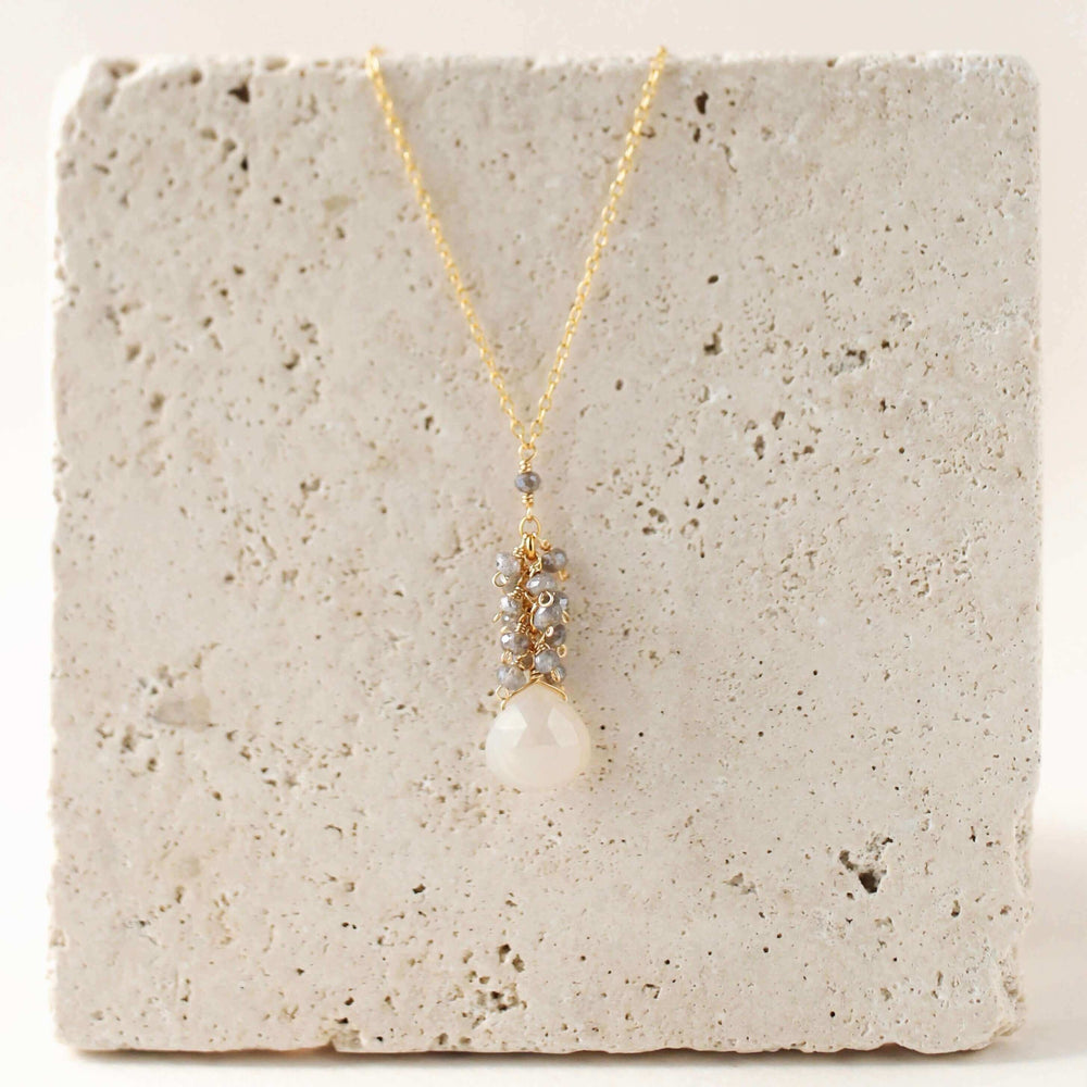 White chalcedony drop pendants paired with a cluster of mini labradorite quartz gems Gold Necklace