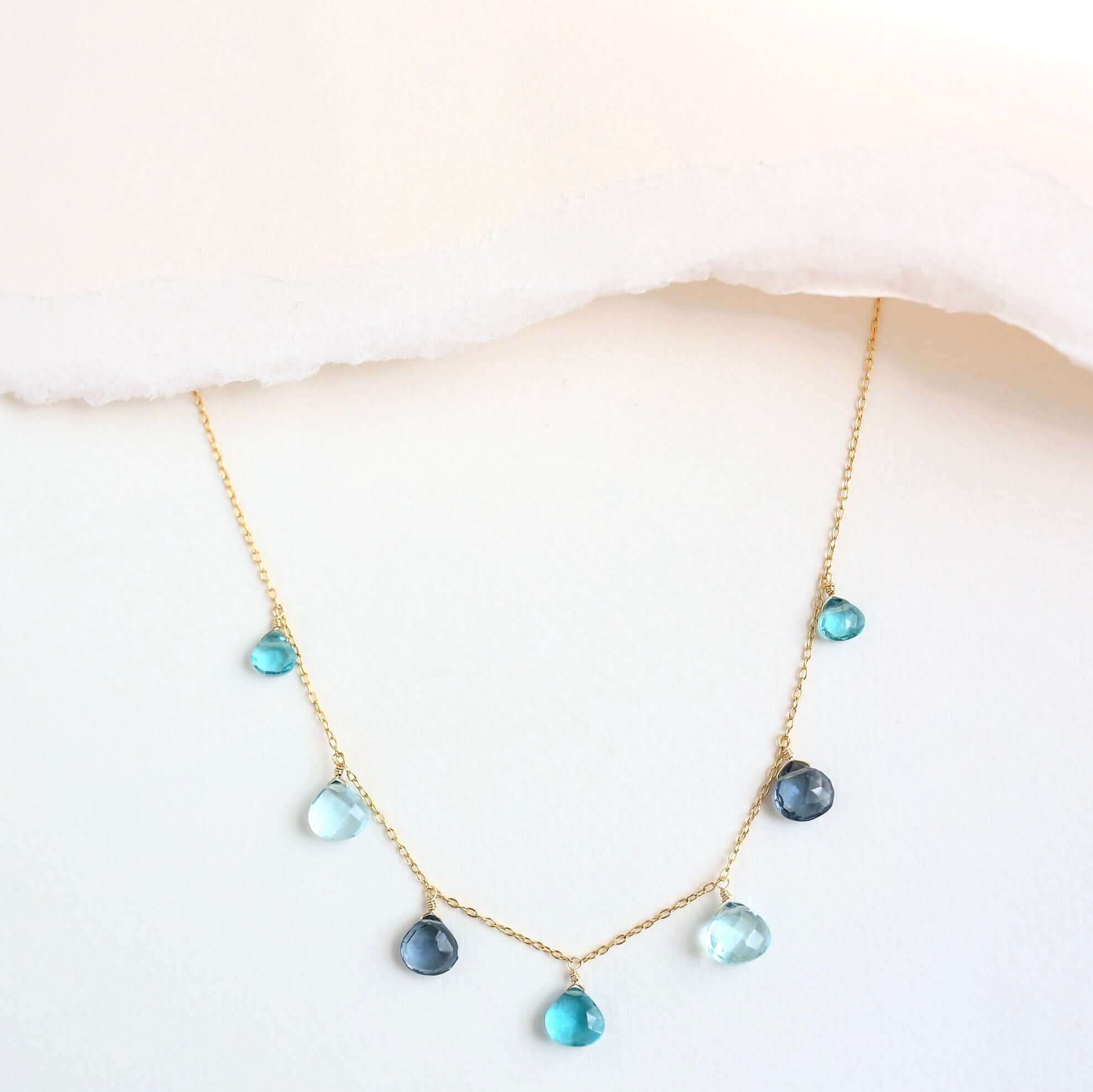 Delicate Aquamarine, Iolite, and Aqua Blue Quartz Gold Necklace