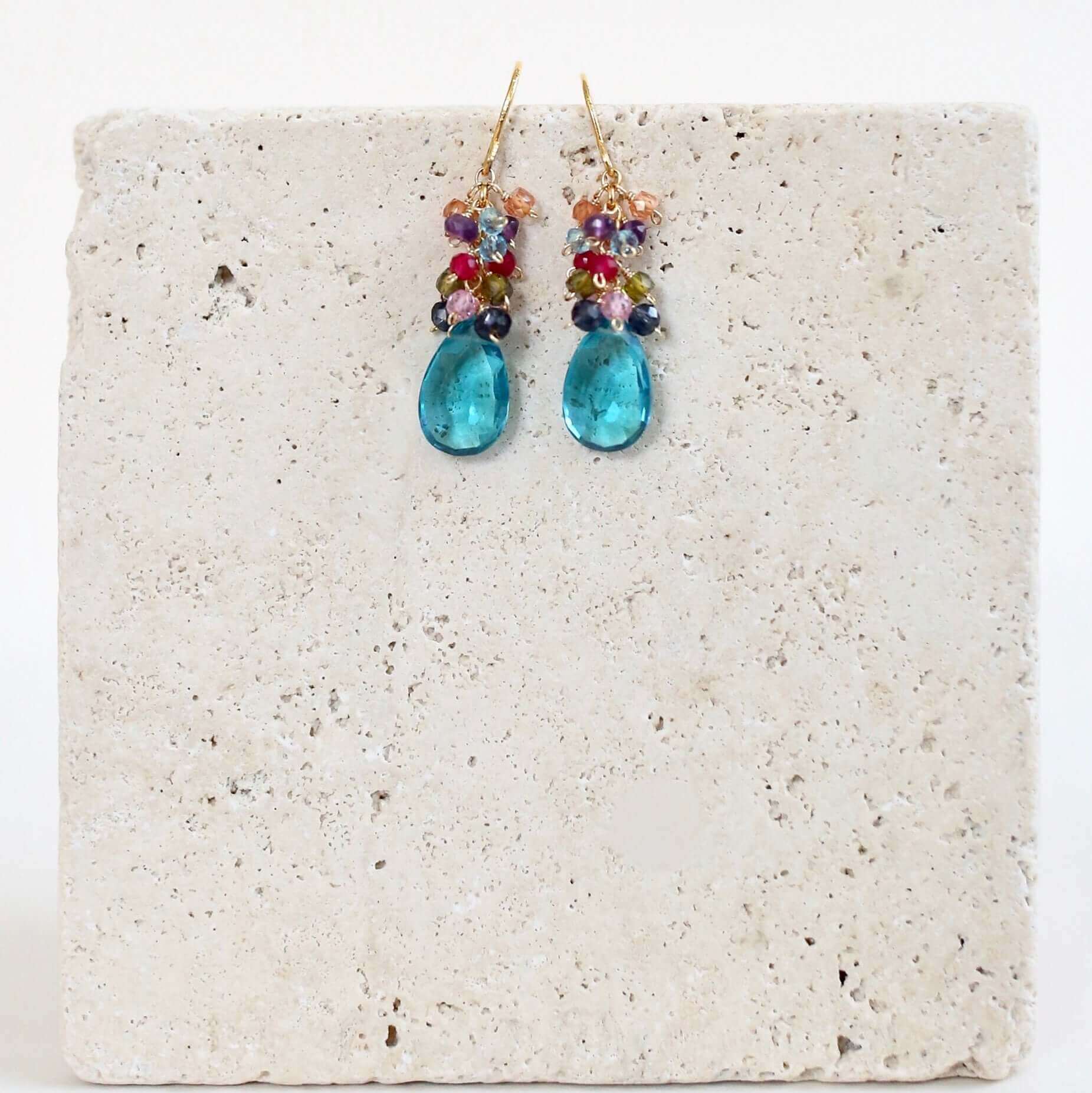 Neon Blue Quartz Gemstone with mini stones  Accents   Gold Drop Earrings