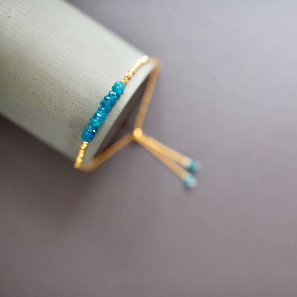  Neon Apatite stone bracelet with  golden pyrite accent beads, adjustable slider clasp, 14k gold plated over Italian silver chain