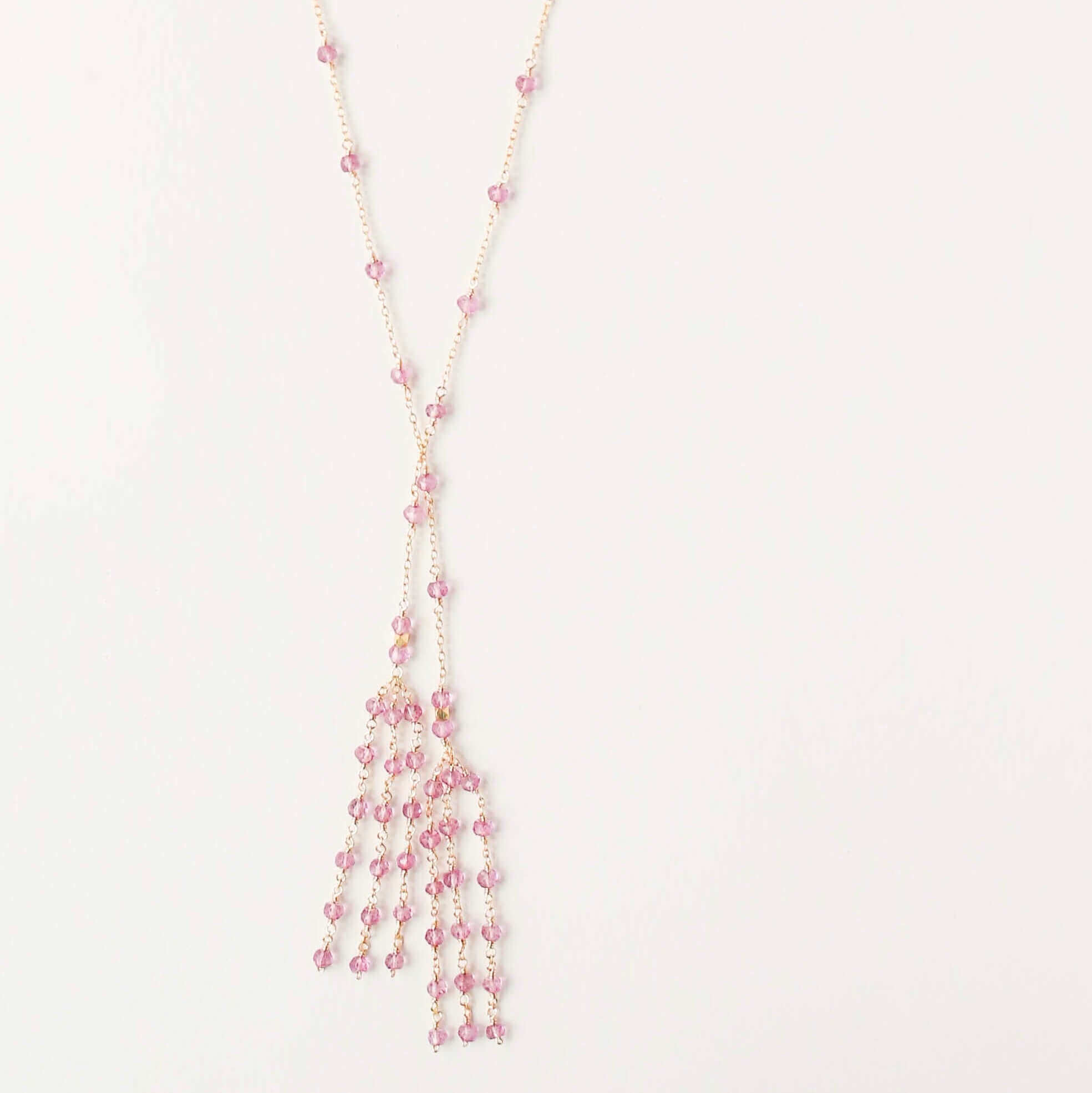 Gold Handmade Lariat Necklace Featuring Pink Tourmaline Gemstones
