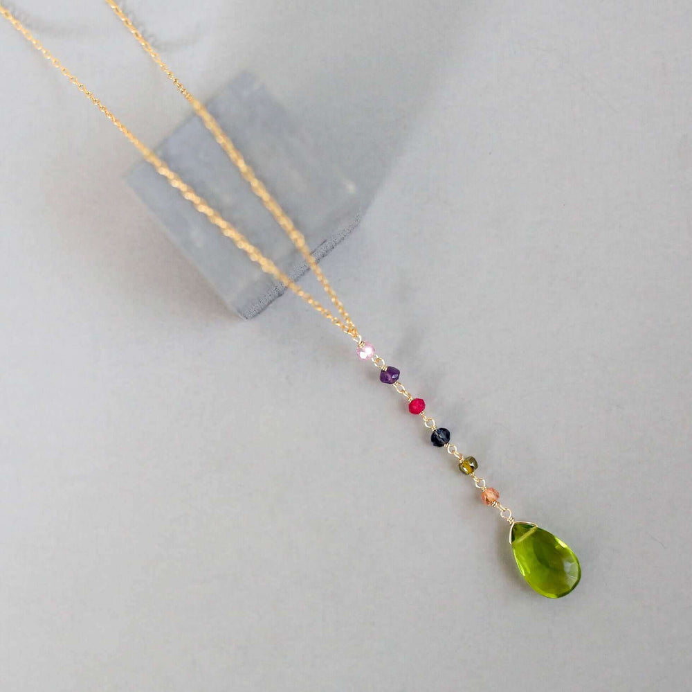 Gold Yoga pendant with Peridot Green quartz gemstones, multi-color accent stones Necklace