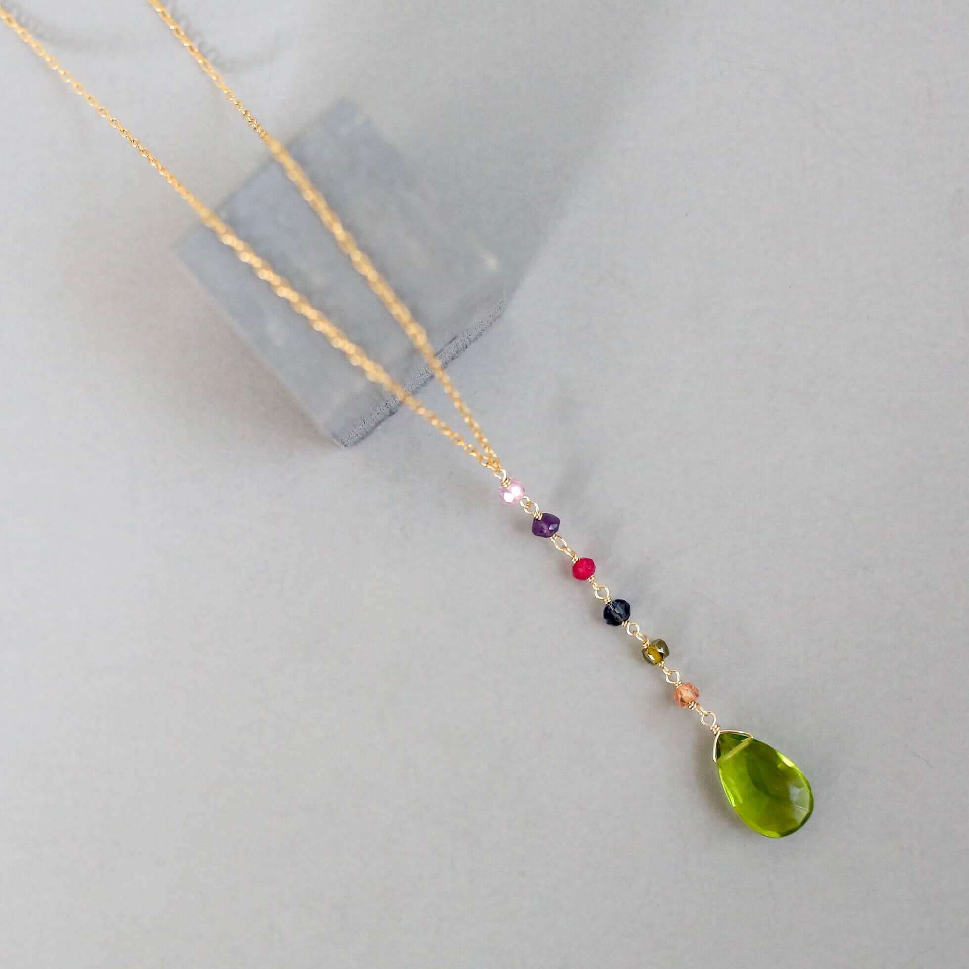 Gold Yoga pendant with Peridot Green quartz gemstones, multi-color accent stones Necklace