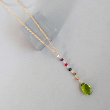 Gold Yoga pendant with Peridot Green quartz gemstones, multi-color accent stones Necklace