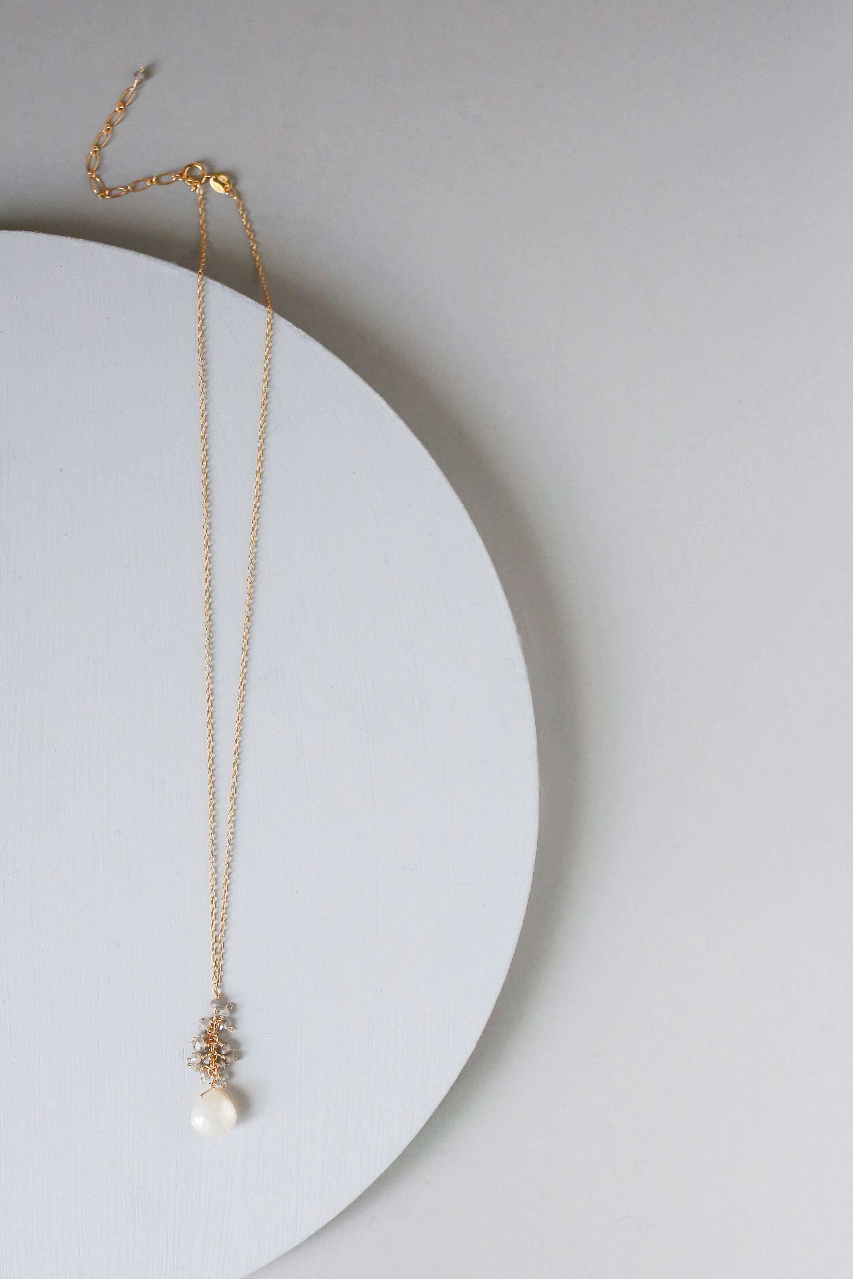 White chalcedony drop pendants paired with a cluster of mini labradorite quartz gems Gold Necklace