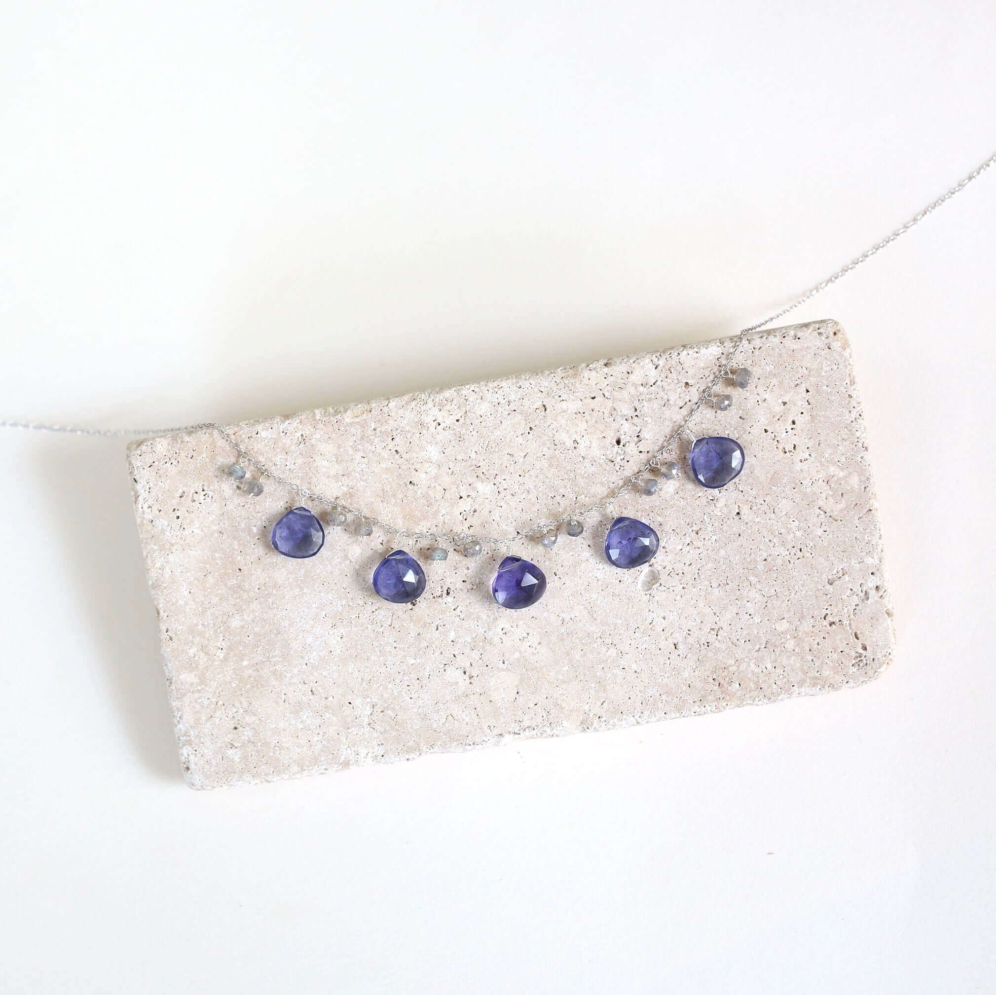  Sparkling bezel Tanzanite Quartz Gem and tiny stone Labradorite accents  Gold Necklace