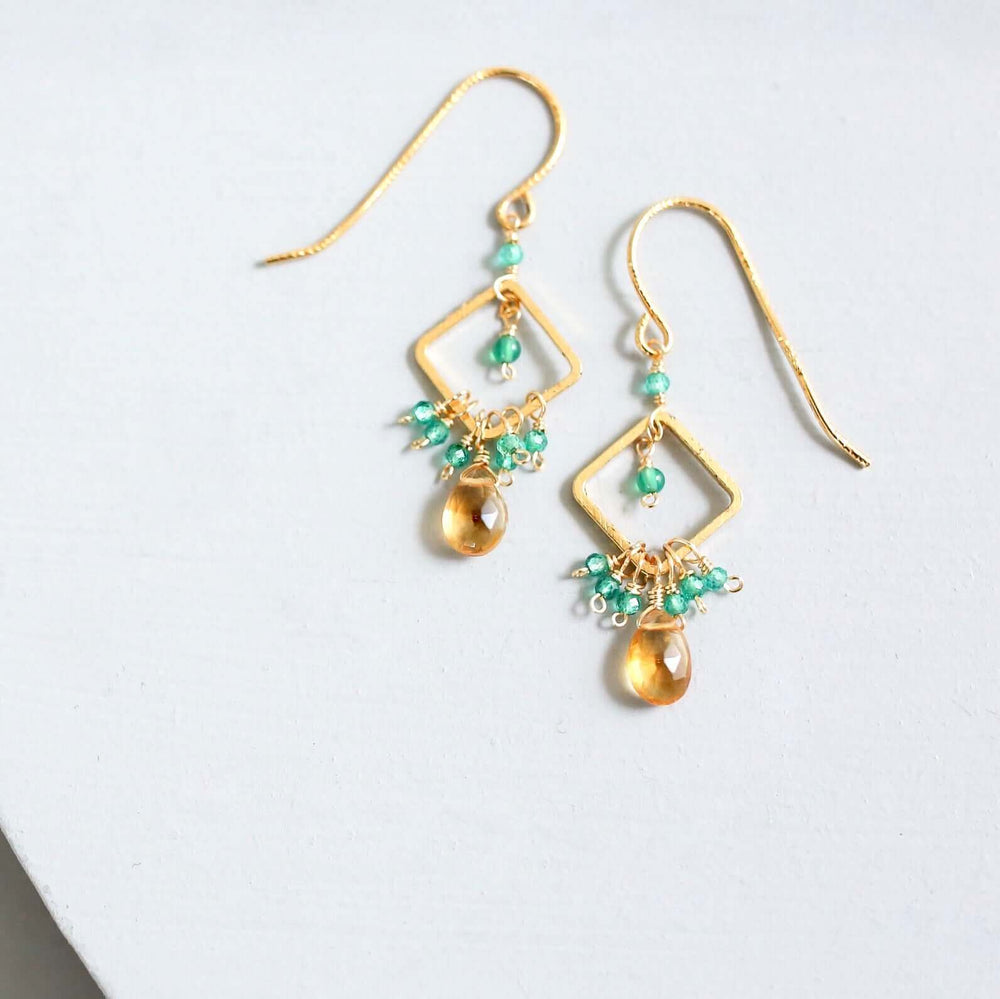  Citrine briolette gemstones with green onyx accent stones French Hook Gold Earrings 