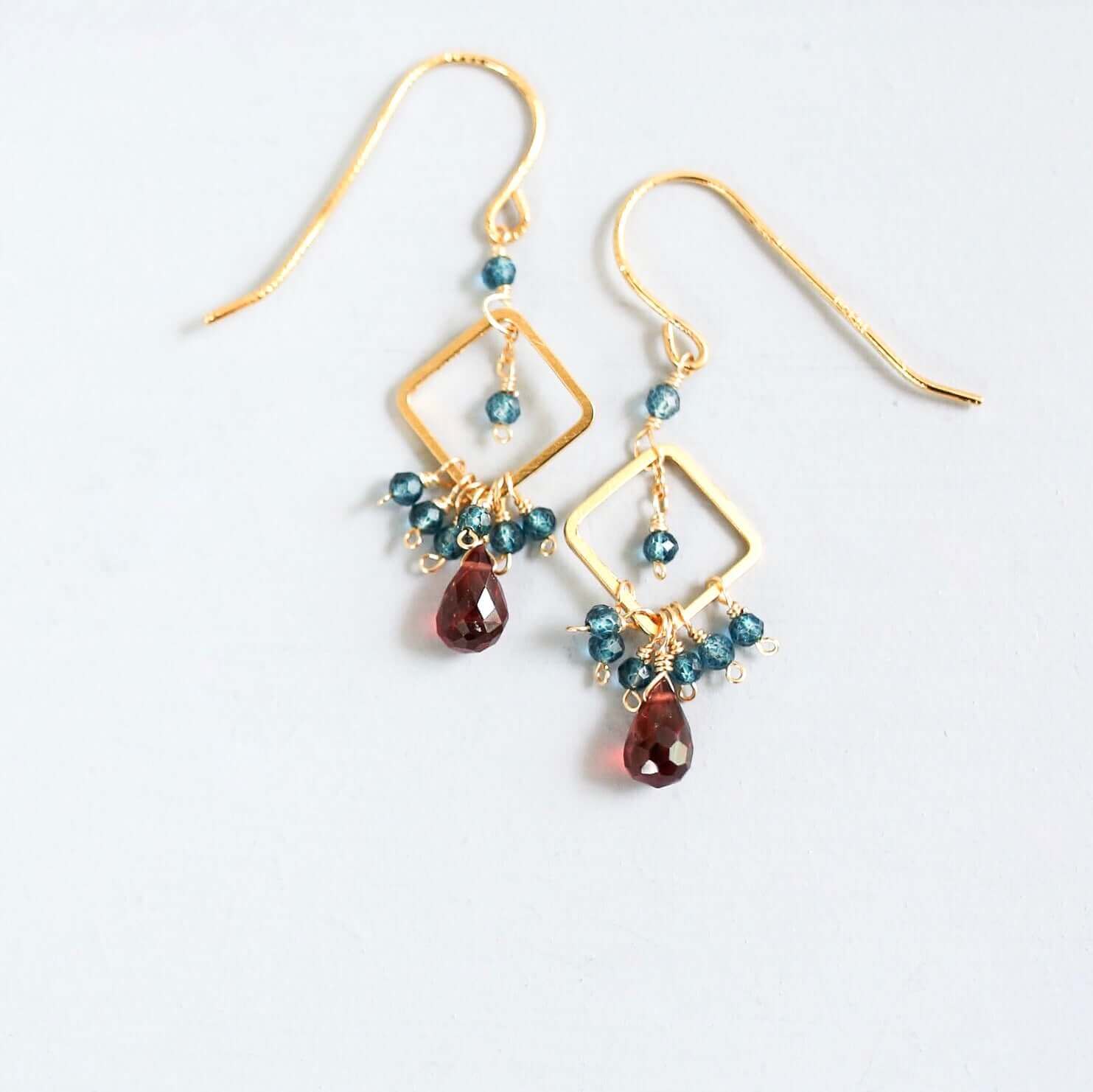 Garnet briolette gemstones with Iolite Accent stones  French Hook Gold Earrings 