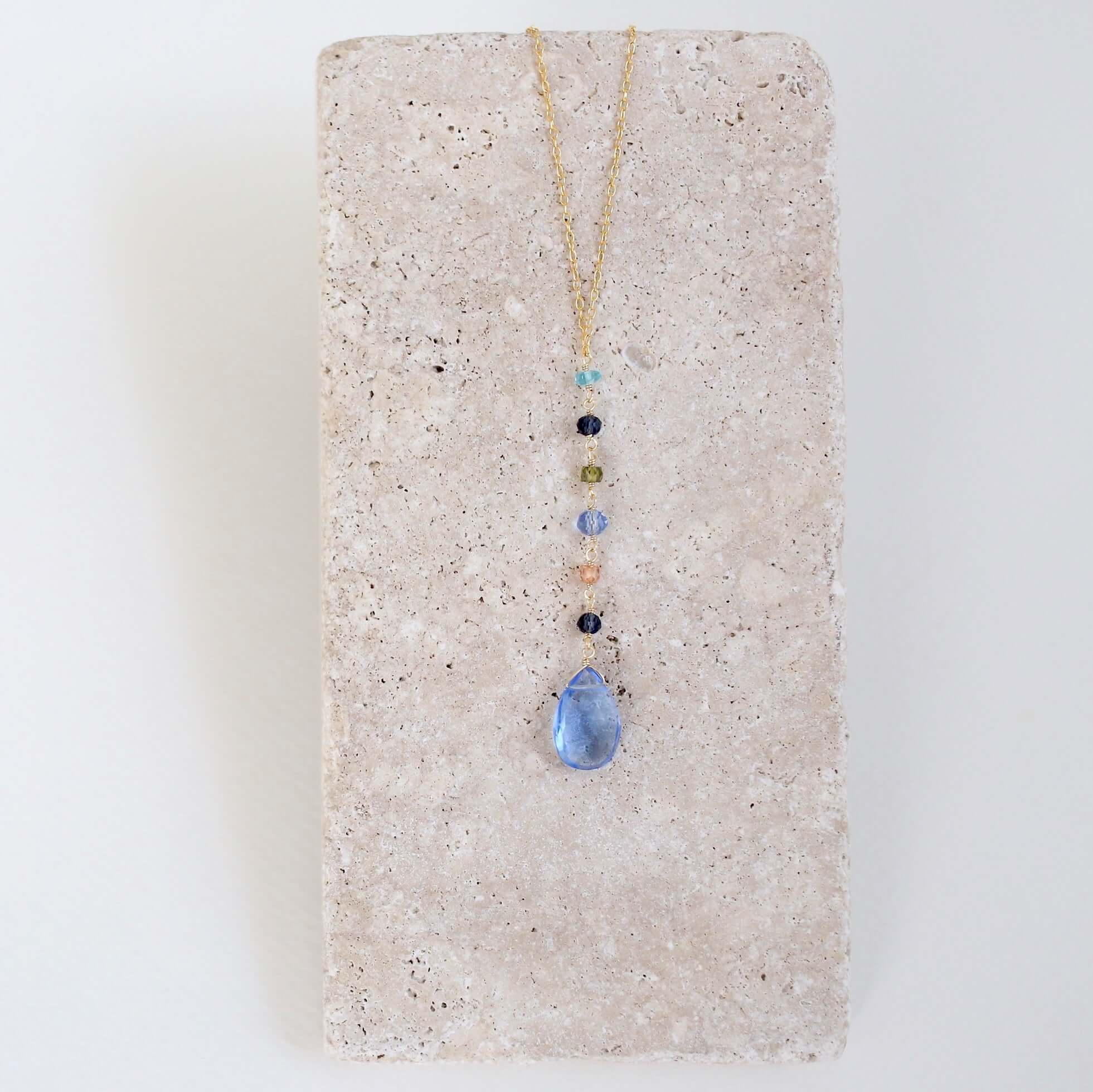 Sky quartz gemstones Yoga Pendant  paired with multi color gemstone accent stones Gold Necklace